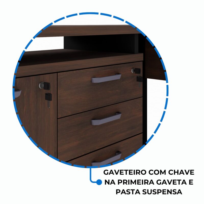 Móveis para Escritório Mesa Escritório em "L" - 1,50x1,50m (Extensível) - com Armário Misto (03 Gav.) MARSALA/PRETO - 23482