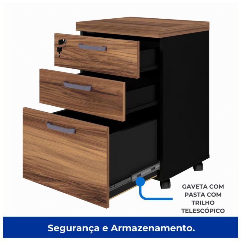 Móveis para Escritório Gaveteiro Volante 03 Gav - 0,68x0,46x0,40m NOGAL SEVILHA/PRETO - 21409