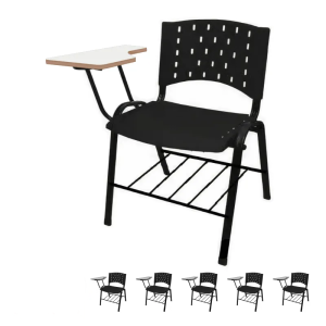 KIT 05 Cadeiras Universitárias c/ porta livros REALPLAST - Cor Preto 33013