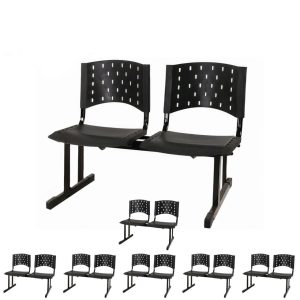 Kit 07 Cadeiras Longarinas PLÁSTICAS 02 Lugares - Cor PRETA 23023