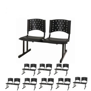 Kit 09 Cadeiras Longarinas PLÁSTICAS 02 Lugares - Cor PRETA 23025