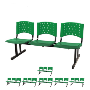 Kit 07 Cadeiras longarinas PLÁSTICAS 03 Lugares - Cor VERDE 23077