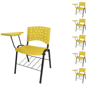 Kit 05 Cadeiras Plásticas Universitárias PRANCHETA PLÁSTICA com Porta Livros REALPLAST - Cor Amarelo 32041