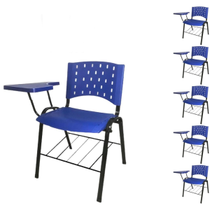 Kit 05 Cadeiras Plásticas Universitárias PRANCHETA PLÁSTICA com Porta Livros REALPLAST - Cor Azul 32038
