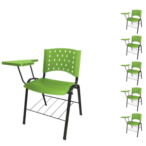 Móveis Escolares Kit 05 Cadeiras Plásticas Universitárias PRANCHETA PLÁSTICA com Porta Livros REALPLAST - Cor Verde - 32040