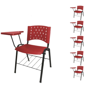 Kit 05 Cadeiras Plásticas Universitárias PRANCHETA PLÁSTICA com Porta Livros REALPLAST - Cor Vermelho 32039