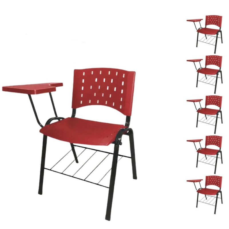 Móveis Escolares Kit 05 Cadeiras Plásticas Universitárias PRANCHETA PLÁSTICA com Porta Livros REALPLAST - Cor Vermelho 32039