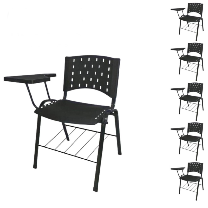 Móveis Escolares KIT 05 Cadeiras Universitárias com Prancheta e Porta Livros - Cor Preto - REAPLAST - 32043
