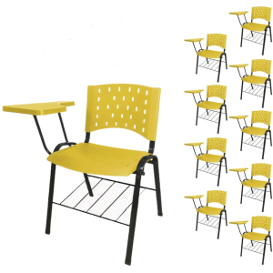 Kit 10 Cadeiras Plásticas Universitárias PRANCHETA PLÁSTICA com Porta Livros REALPLAST - Cor Amarelo 32037
