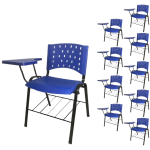 Móveis Escolares Kit 10 Cadeiras Plásticas Universitárias PRANCHETA PLÁSTICA com Porta Livros REALPLAST - Cor Azul - 32034