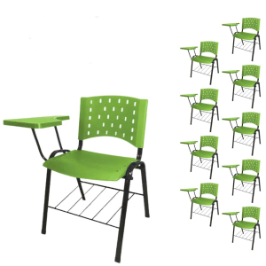 Kit 10 Cadeiras Plásticas Universitárias PRANCHETA PLÁSTICA com Porta Livros REALPLAST - Cor Verde 32036