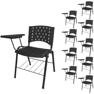 KIT 10 Cadeiras Universitárias com Prancheta e Porta Livros - Cor Preto - REAPLAST - 32042