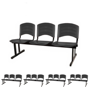 Kit 05 Cadeiras Longarinas PLÁSTICA 03 Lugares - Cor PRETO - POLLO MÓVEIS - 33034