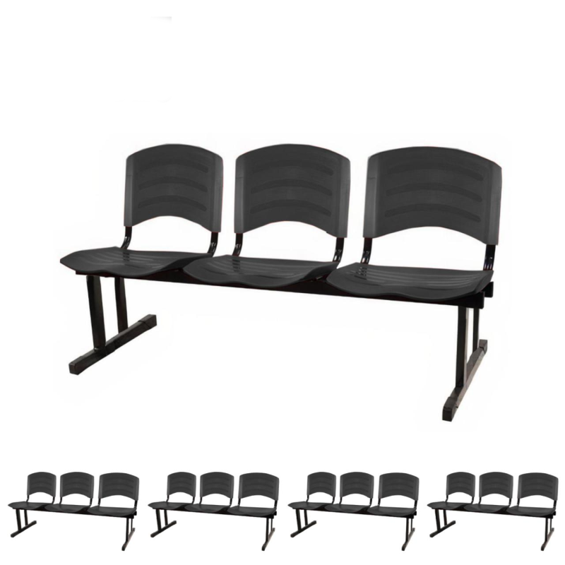 Kit 05 Cadeiras Longarinas PLÁSTICA 03 Lugares - Cor PRETO - POLLO MÓVEIS - 33034