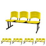 Kit 05 Cadeiras Longarinas PLÁSTICAS 03 Lugares - Cor Amarelo - POLLO MÓVEIS - 33080