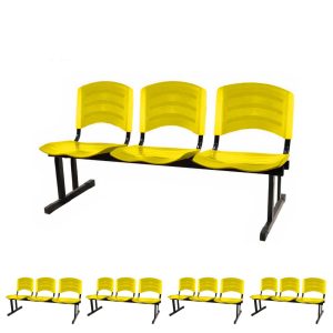 Kit 05 Cadeiras Longarinas PLÁSTICAS 03 Lugares - Cor Amarelo - POLLO MÓVEIS - 33080