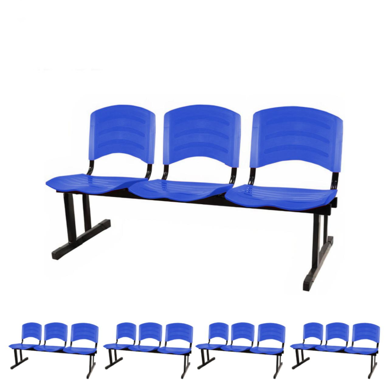 Kit 05 Cadeiras Longarinas PLÁSTICAS 03 Lugares - Cor Azul - POLLO MÓVEIS - 33052