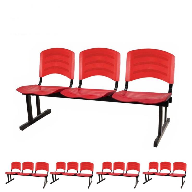 Kit 05 Cadeiras Longarinas PLÁSTICAS 03 Lugares - Cor Vermelho - POLLO MÓVEIS - 33043