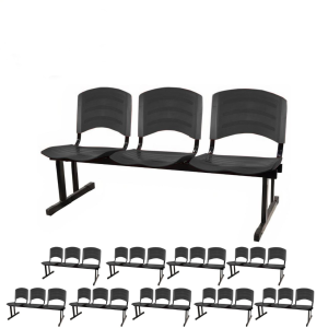 Kit 10 Cadeiras Longarinas PLÁSTICA 03 Lugares - Cor PRETO - POLLO MÓVEIS - 33039