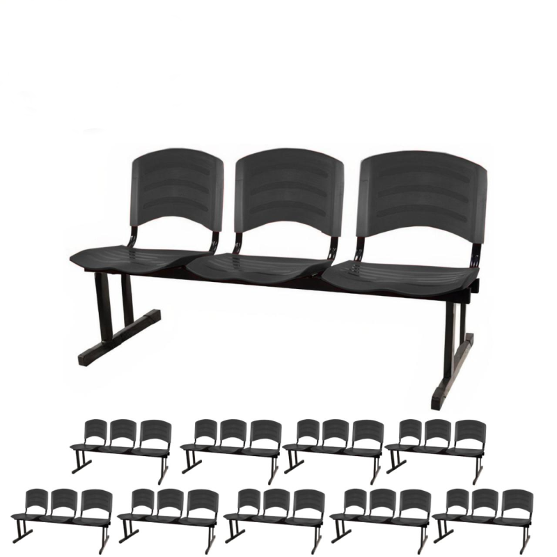 Kit 10 Cadeiras Longarinas PLÁSTICA 03 Lugares - Cor PRETO - POLLO MÓVEIS - 33039