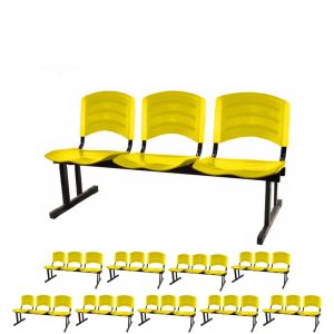 Kit 10 Cadeiras Longarinas PLÁSTICAS 03 Lugares - Cor Amarelo - POLLO MÓVEIS - 33085