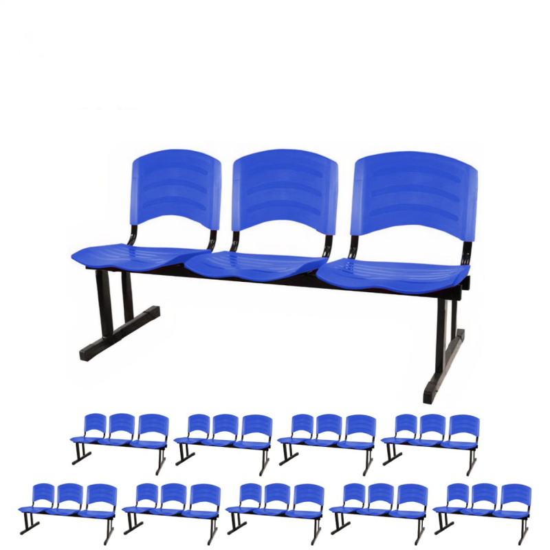 Kit 10 Cadeiras Longarinas PLÁSTICAS 03 Lugares - Cor Azul - POLLO MÓVEIS - 33057