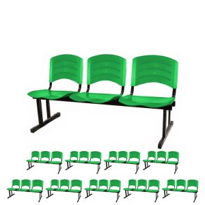 Kit 10 Cadeiras Longarinas PLÁSTICAS 03 Lugares - Cor Verde - POLLO MÓVEIS - 33066