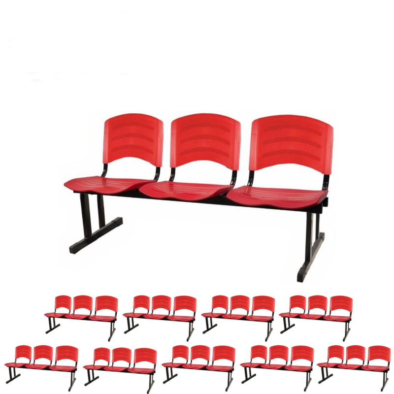 Kit 10 Cadeiras Longarinas PLÁSTICAS 03 Lugares - Cor Vermelho - POLLO MÓVEIS - 33048
