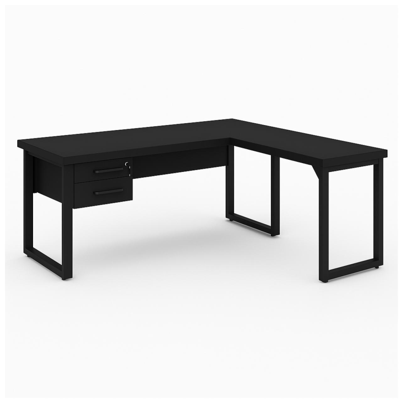 Mesa em L PÉ QUADRO (Mesa 1,50m + Mesa Auxiliar) - C/ Gavetas - PRETO / PRETO - 26210