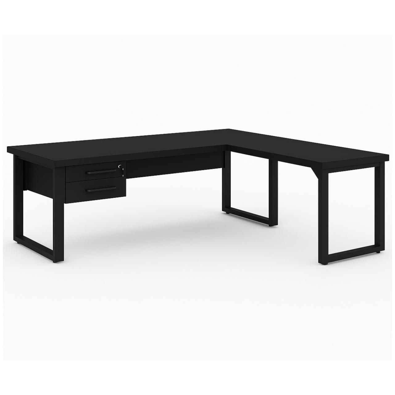 Mesa em L PÉ QUADRO (Mesa 1,70m + Mesa Auxiliar) - C/ Gavetas - PRETO / PRETO - 26211