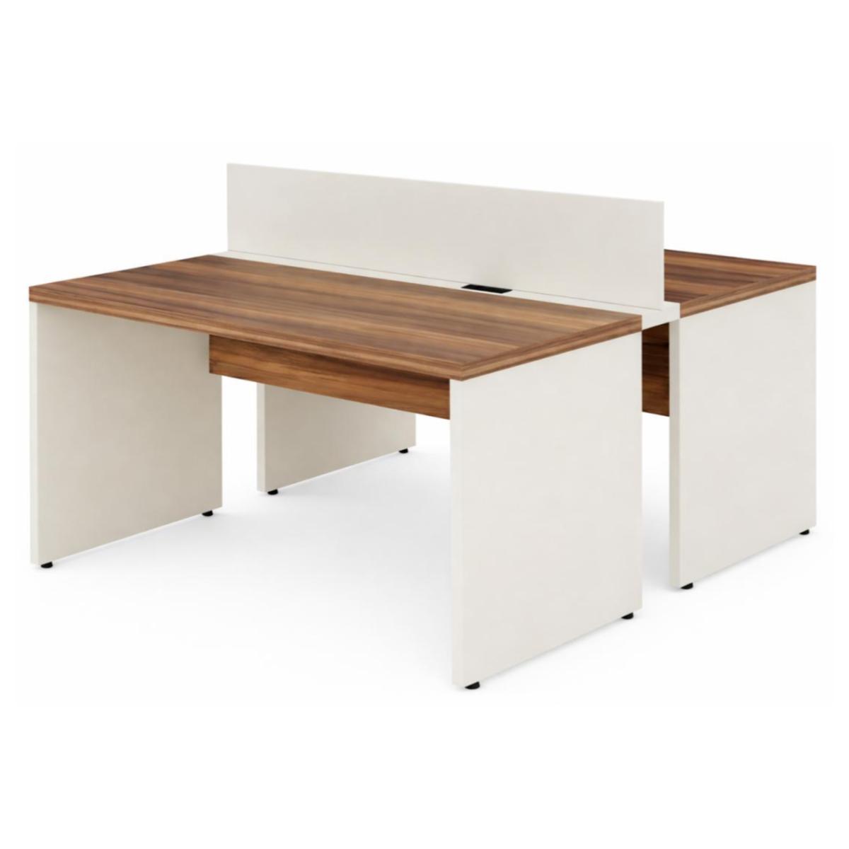 Móveis para Escritório Estação de Trabalho Dupla 1,50×1,35m 02 Lugares sem Gavetas c/ tomadas PÉ PAINEL - Nogal Sevilha/Champanhe - 34450