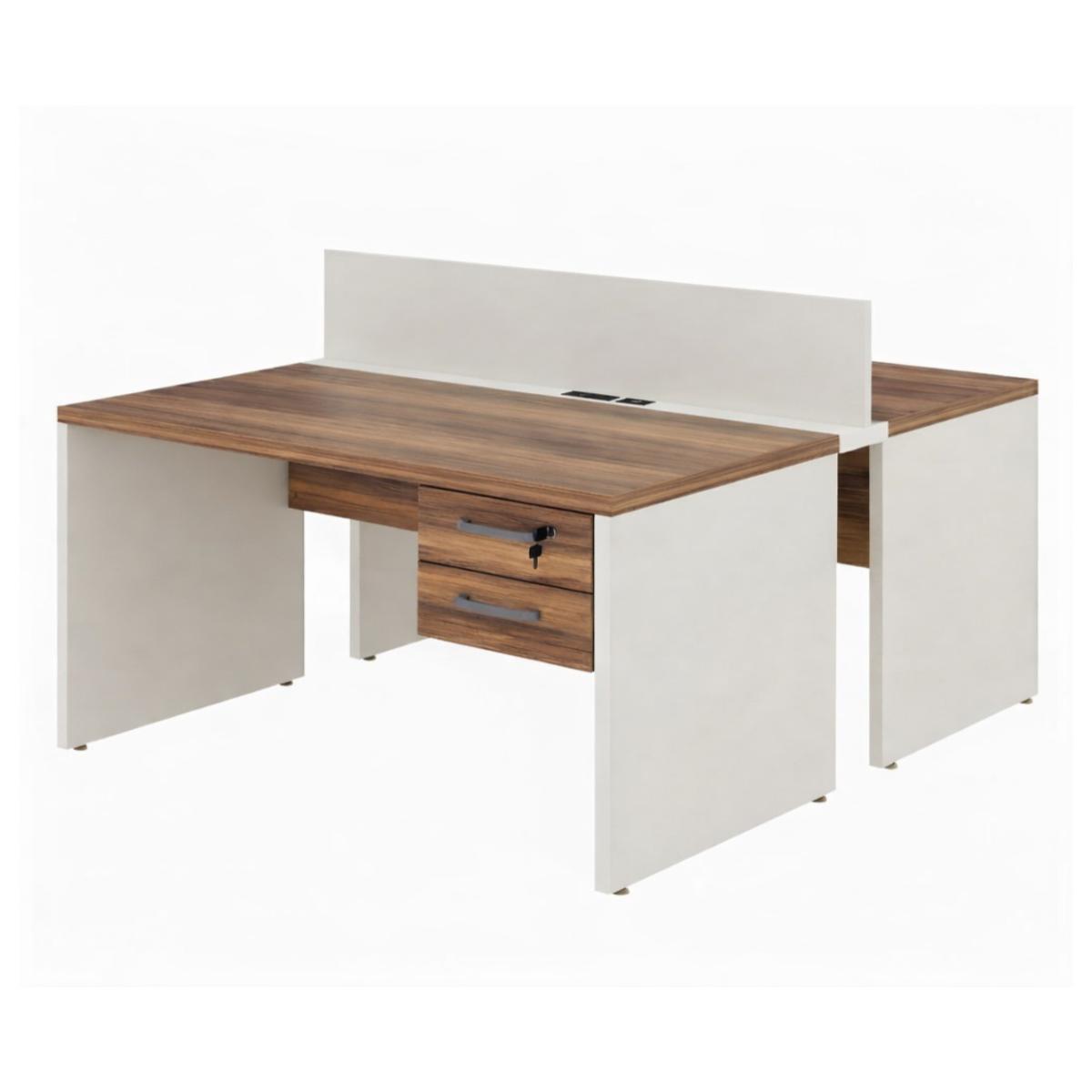 Móveis para Escritório Estação de Trabalho Dupla 1,50×1,35m 02 Lugares c/ Gavetas c/ ponto de tomada PÉ PAINEL - Nogal Sevilha/Branco - 34451