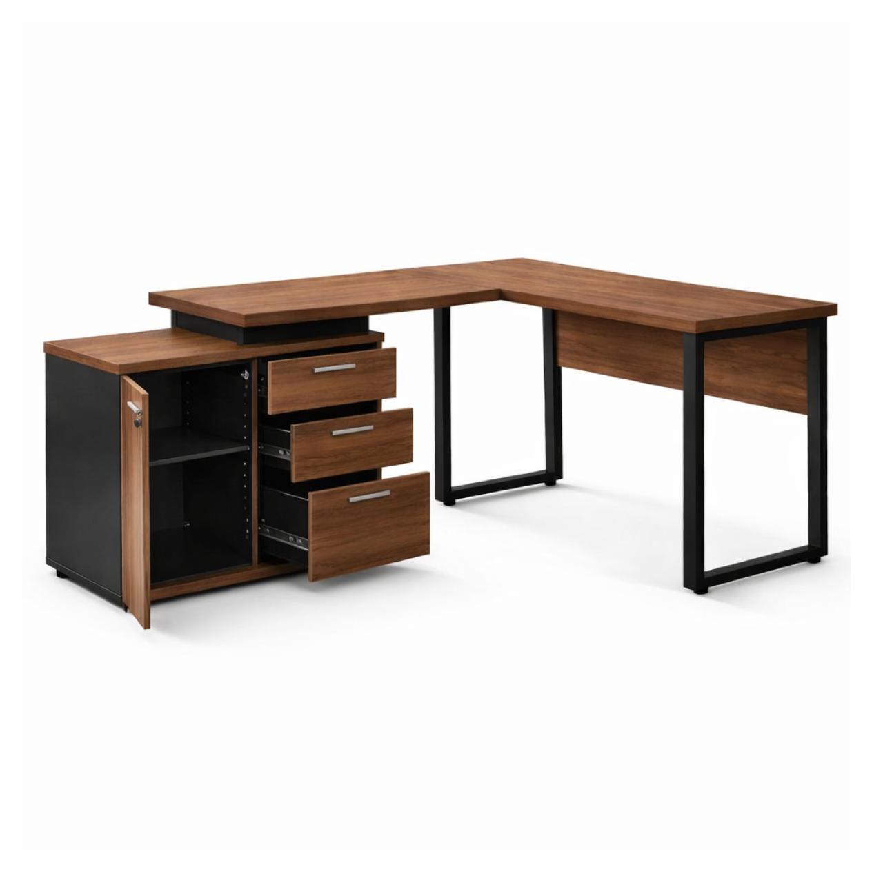 Móveis para Escritório Mesa Escritório em "L" - 1,50x1,50m (Extensível) - com Armário Misto (03 Gav.) - Nogal / Preto - 21603