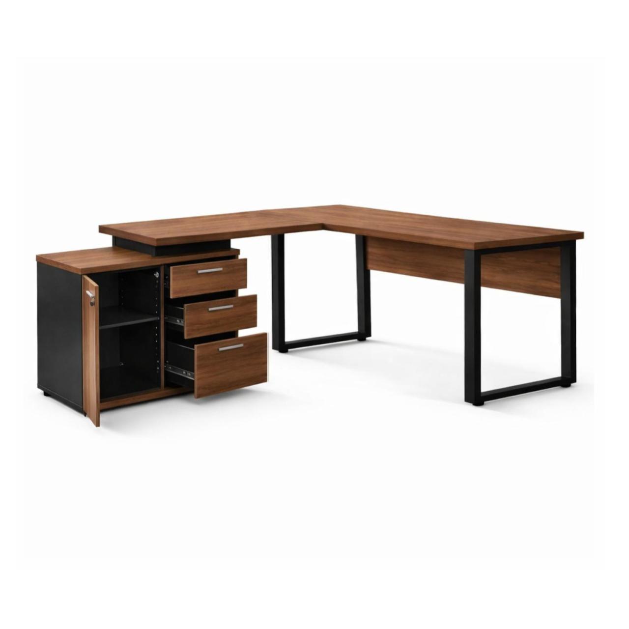 Móveis para Escritório Mesa Escritório em "L" - 1,70x1,50m (Extensível) - com Armário Misto (03 Gav.) - Nogal / Preto - 31603