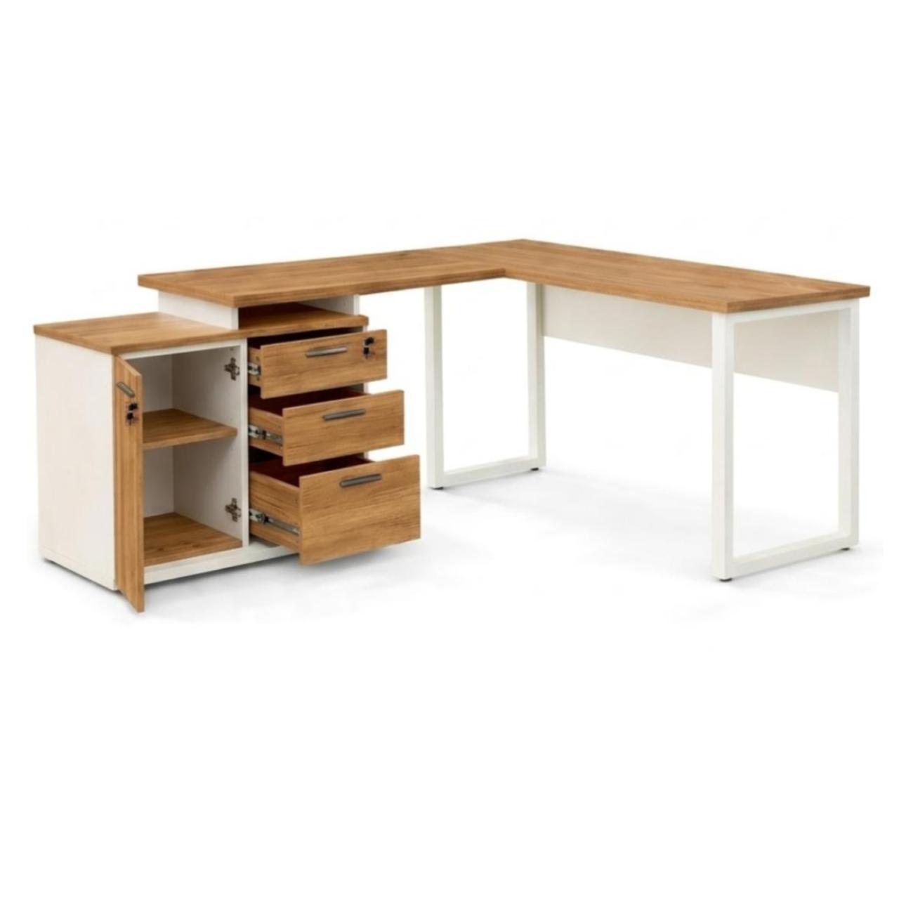 Móveis para Escritório Mesa Escritório em "L" - 1,70x1,50m (Extensível) - com Armário Misto (03 Gav.) - Sevilha / Champanhe - 34604