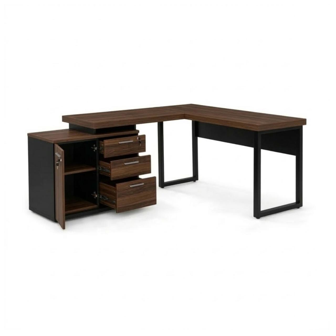 Móveis para Escritório Mesa Escritório em "L" - 1,50x1,50m (Extensível) - com Armário Misto (03 Gav.) - Louro / Preto - 64603